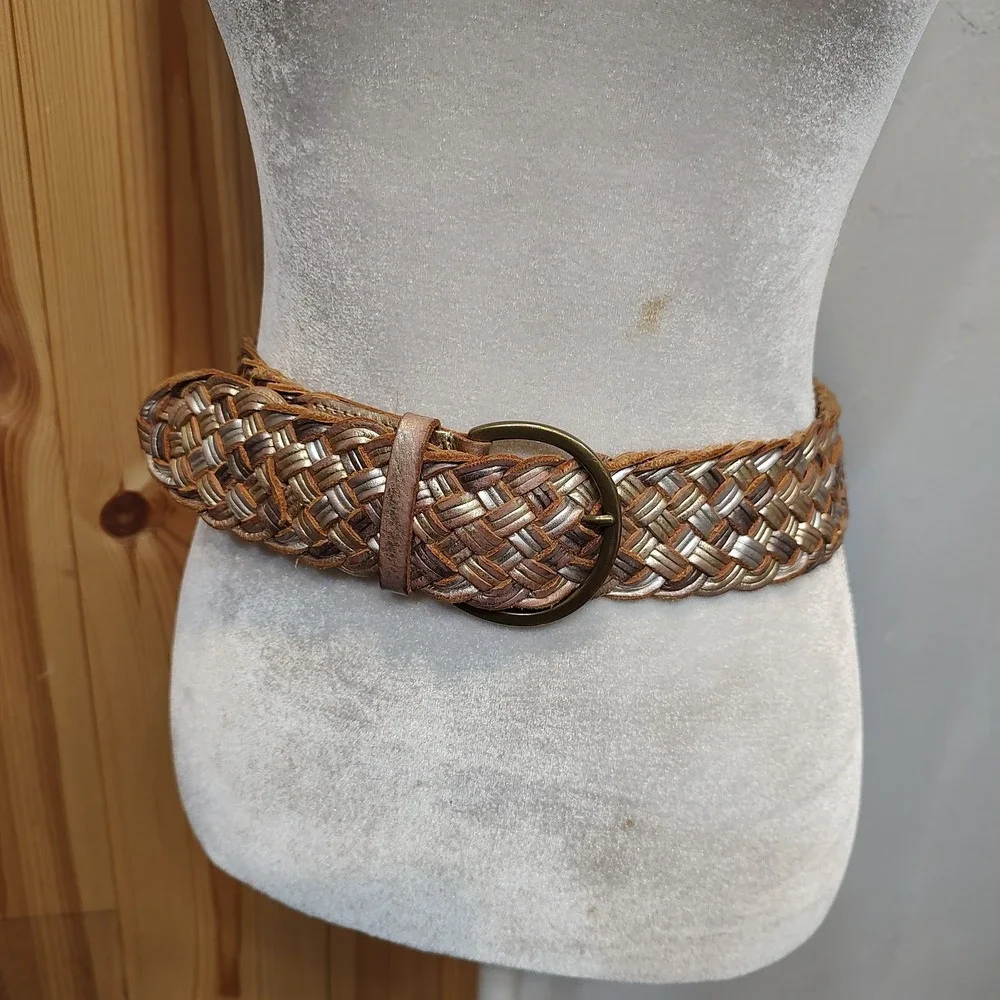 Preston & York Belt Sz Small Leather Tan Gold Braided Brass Ring Buckle Boho